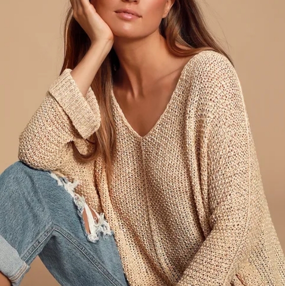 Lulus Sweaters - Lulus Beige Loose Knit Crochet V Neck Sweater